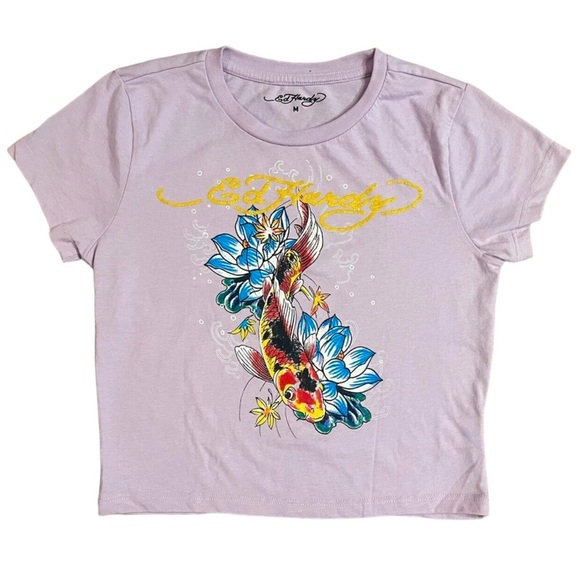 Ed Hardy lavender lilac Koi Fish graphic print Crop tshirt‎ size large new - Picture 1 of 3